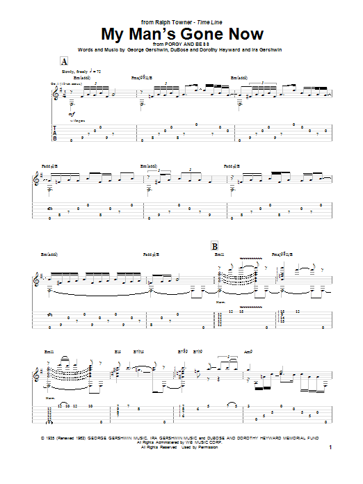 Download Ralph Towner My Man's Gone Now Sheet Music and learn how to play Guitar Tab PDF digital score in minutes
