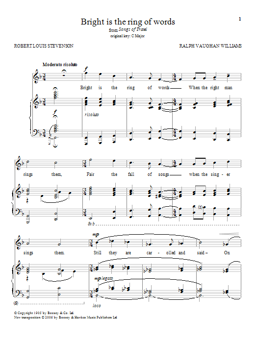 Download Ralph Vaughan Williams Bright Is The Ring Of Words Sheet Music and learn how to play Piano & Vocal PDF digital score in minutes