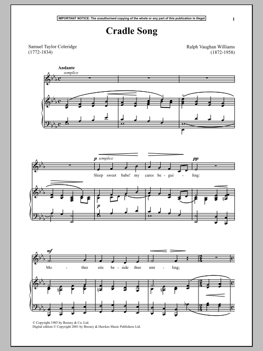 Download Ralph Vaughan Williams Cradle Song Sheet Music and learn how to play Piano & Vocal PDF digital score in minutes