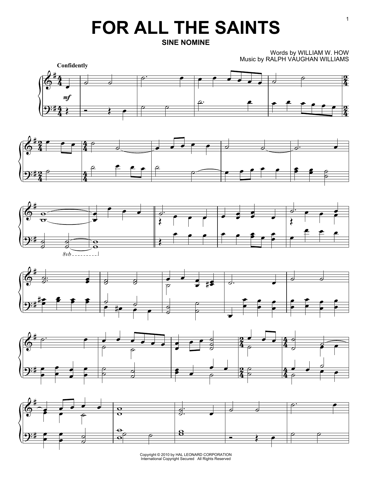 Download Ralph Vaughan Williams For All The Saints Sheet Music and learn how to play Piano PDF digital score in minutes