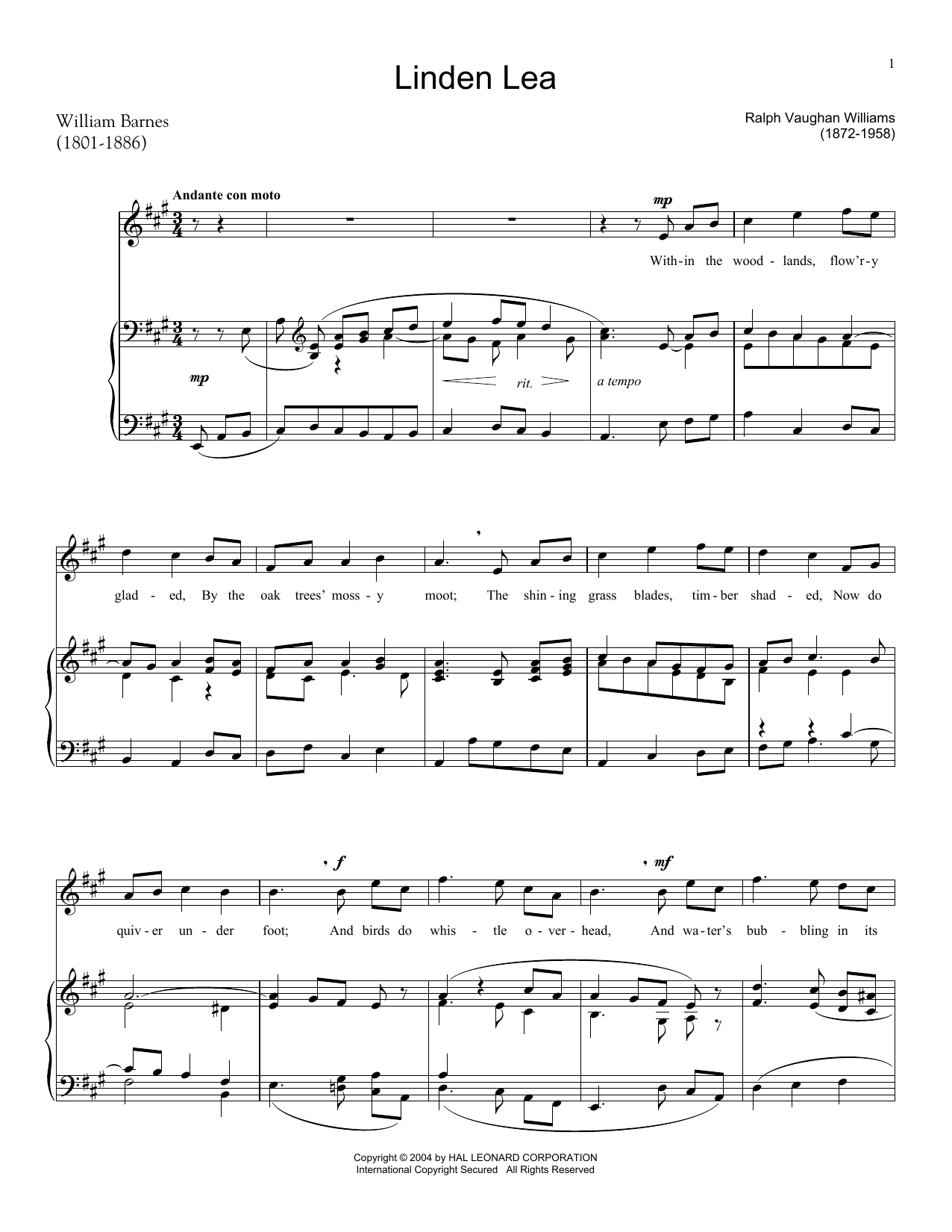 Download Ralph Vaughan Williams Linden Lea Sheet Music and learn how to play Piano, Vocal & Guitar (Right-Hand Melody) PDF digital score in minutes