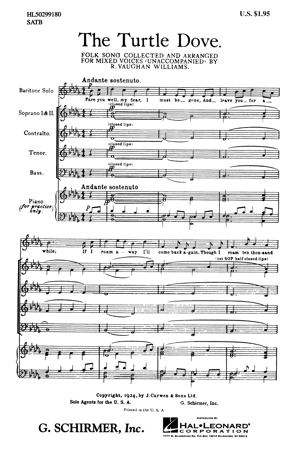 Download Ralph Vaughan Williams The Turtle Dove Sheet Music and learn how to play SATB Choir PDF digital score in minutes