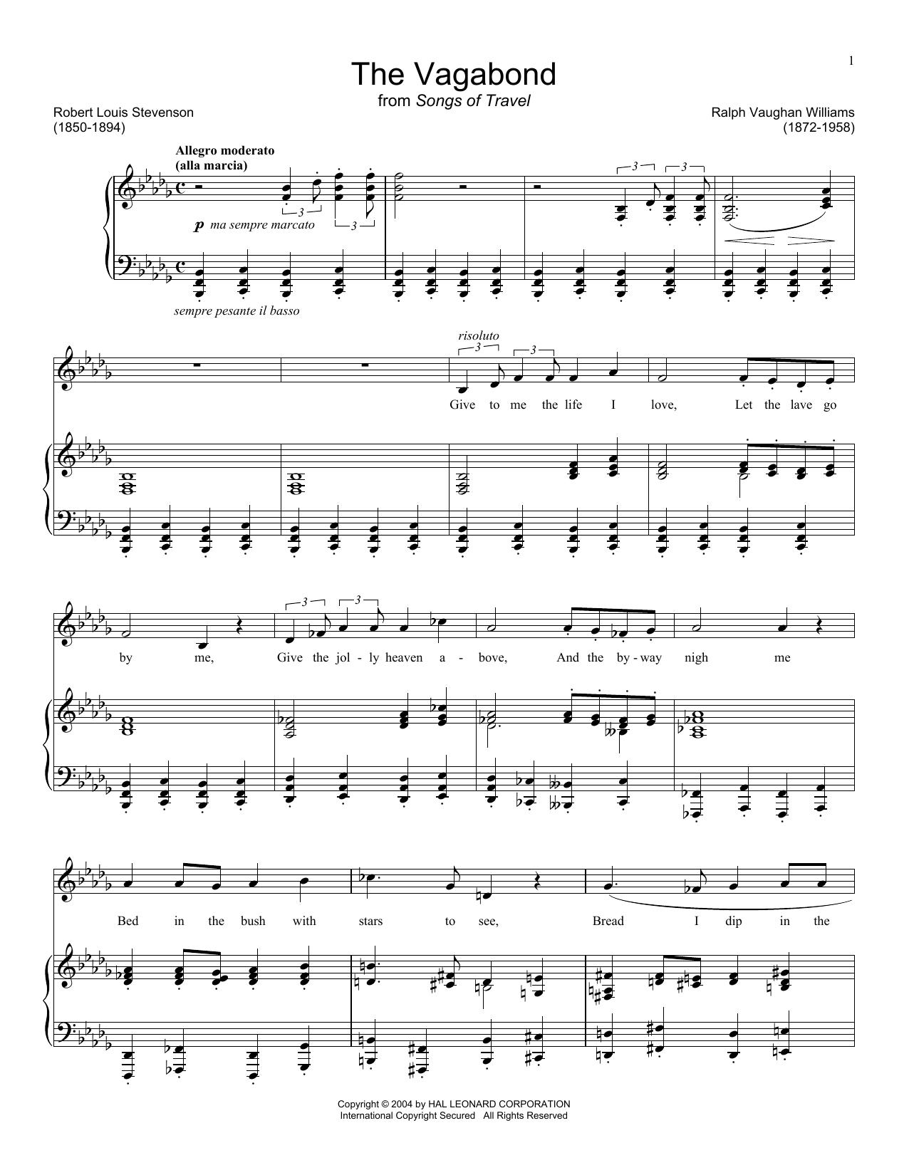 Download Ralph Vaughn Williams The Vagabond Sheet Music and learn how to play Piano & Vocal PDF digital score in minutes