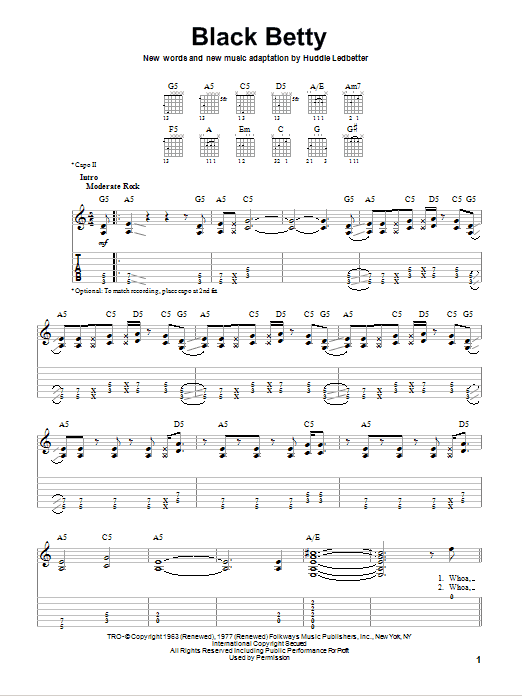 Download Ram Jam Black Betty Sheet Music and learn how to play Easy Guitar Tab PDF digital score in minutes