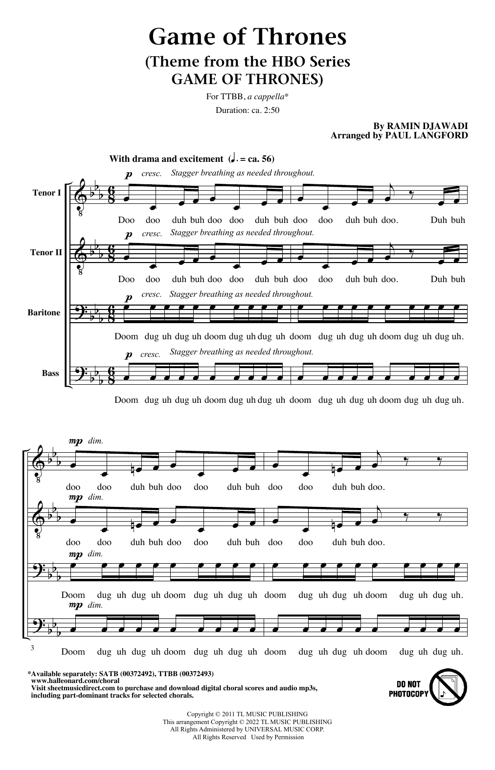 Download Ramin Djawadi Game Of Thrones (arr. Paul Langford) Sheet Music and learn how to play TTBB Choir PDF digital score in minutes