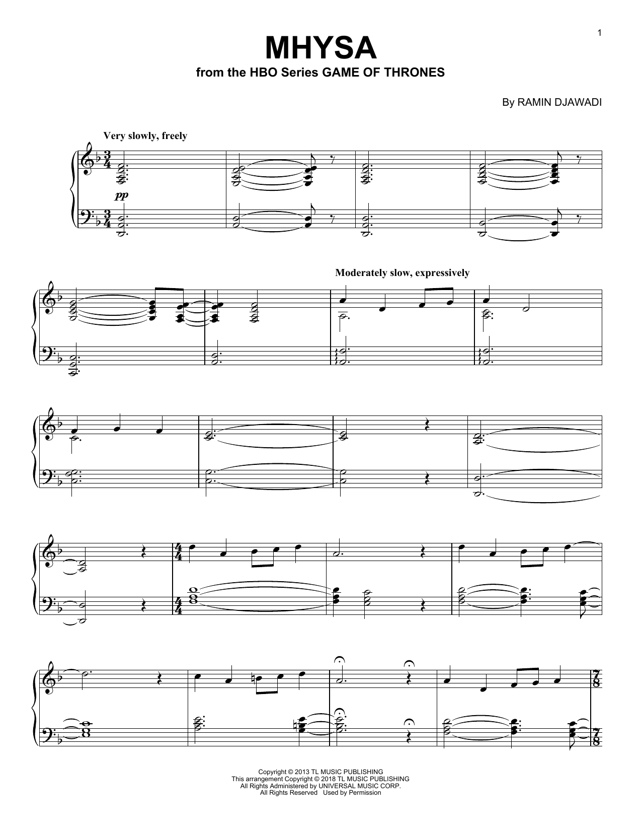 Download Ramin Djawadi Mhysa Sheet Music and learn how to play Piano PDF digital score in minutes