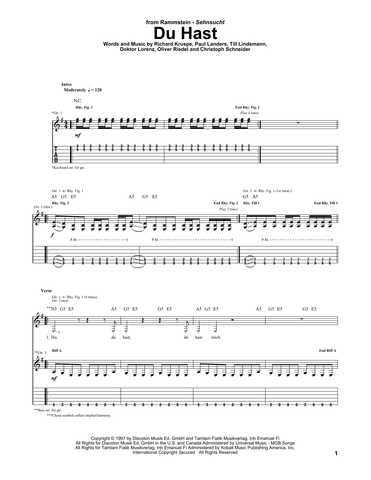 Download Rammstein Du Hast Sheet Music and learn how to play Guitar Tab PDF digital score in minutes