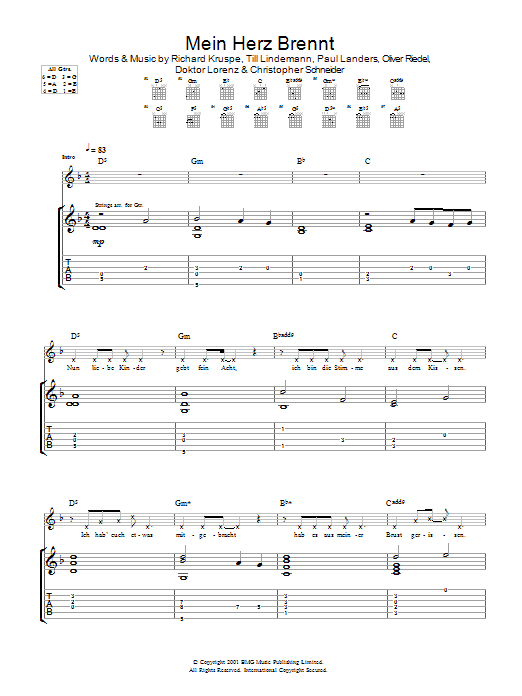 Download Rammstein Mein Herz Brennt Sheet Music and learn how to play Guitar Tab PDF digital score in minutes