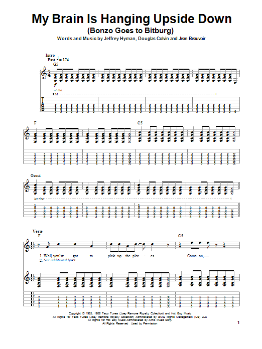 Download Ramones My Brain Is Hanging Upside Down (Bonzo Goes To Bitburg) Sheet Music and learn how to play Guitar Tab PDF digital score in minutes