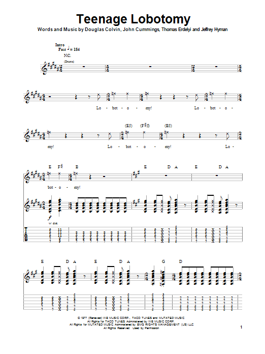 Download Ramones Teenage Lobotomy Sheet Music and learn how to play Guitar Chords/Lyrics PDF digital score in minutes