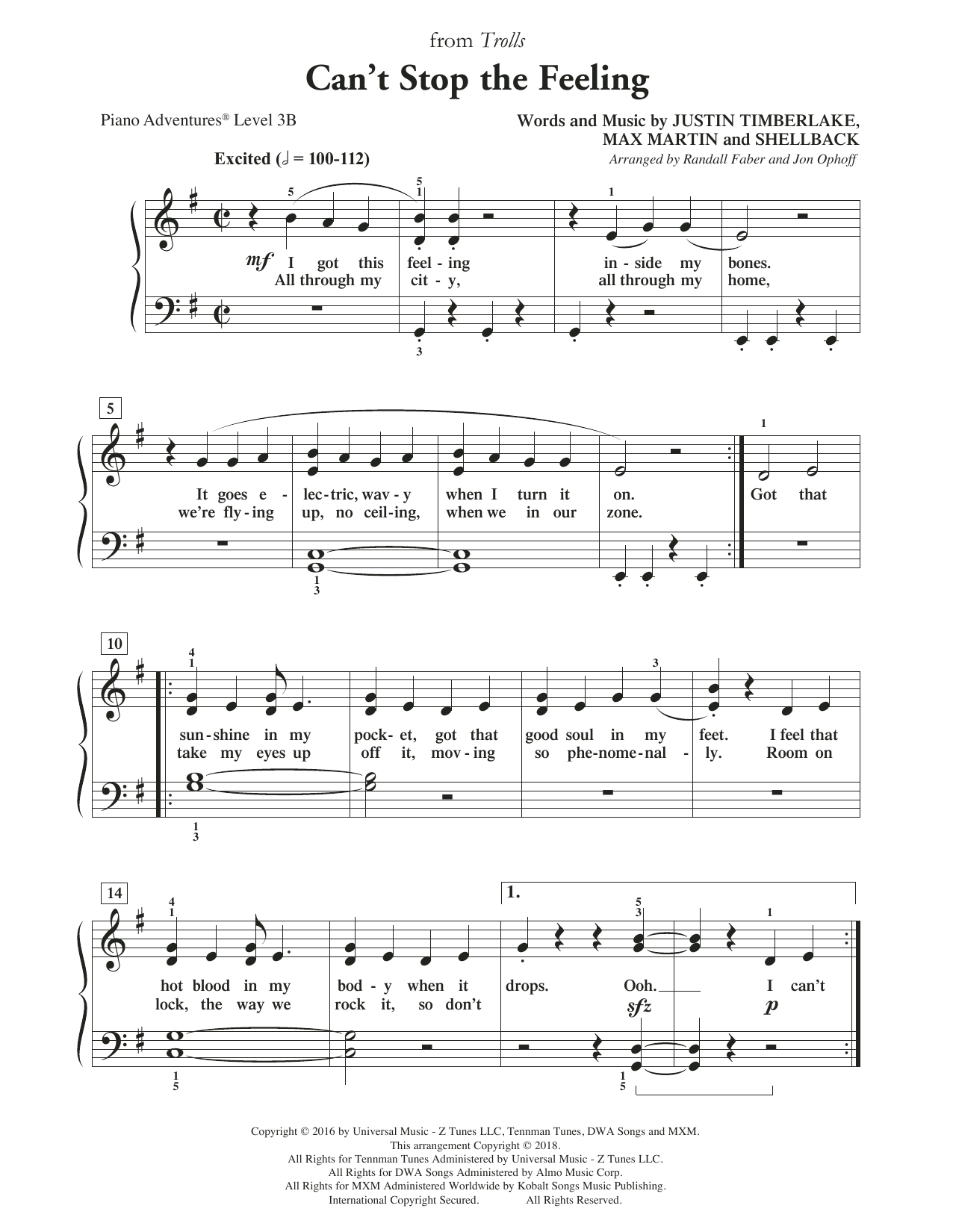 Download Randall Faber & Jon Ophoff Can't Stop the Feeling Sheet Music and learn how to play Piano Adventures PDF digital score in minutes