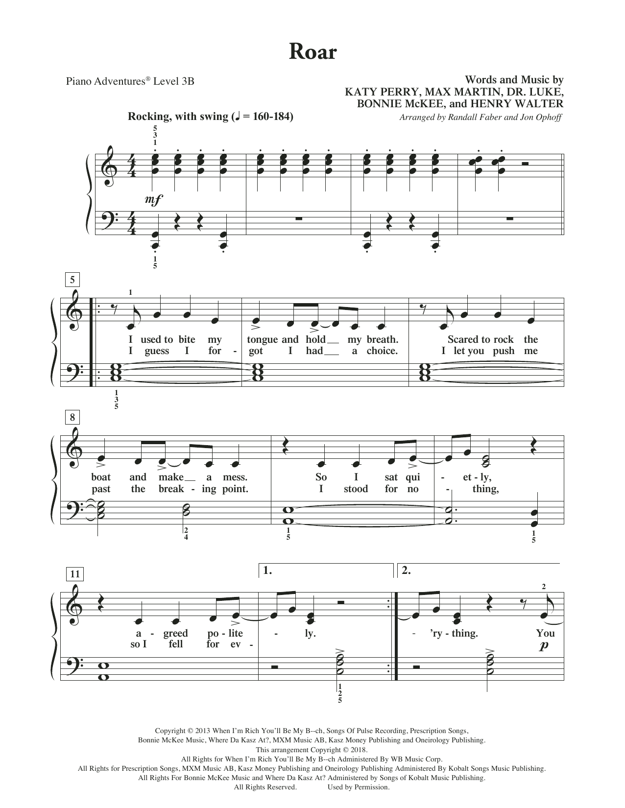 Download Randall Faber & Jon Ophoff Roar Sheet Music and learn how to play Piano Adventures PDF digital score in minutes