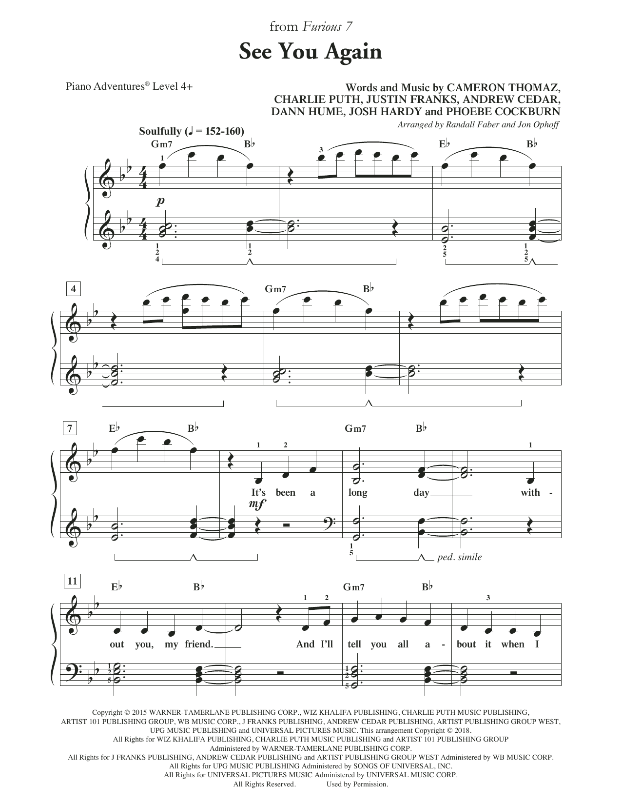 Download Randall Faber & Jon Ophoff See You Again Sheet Music and learn how to play Piano Adventures PDF digital score in minutes