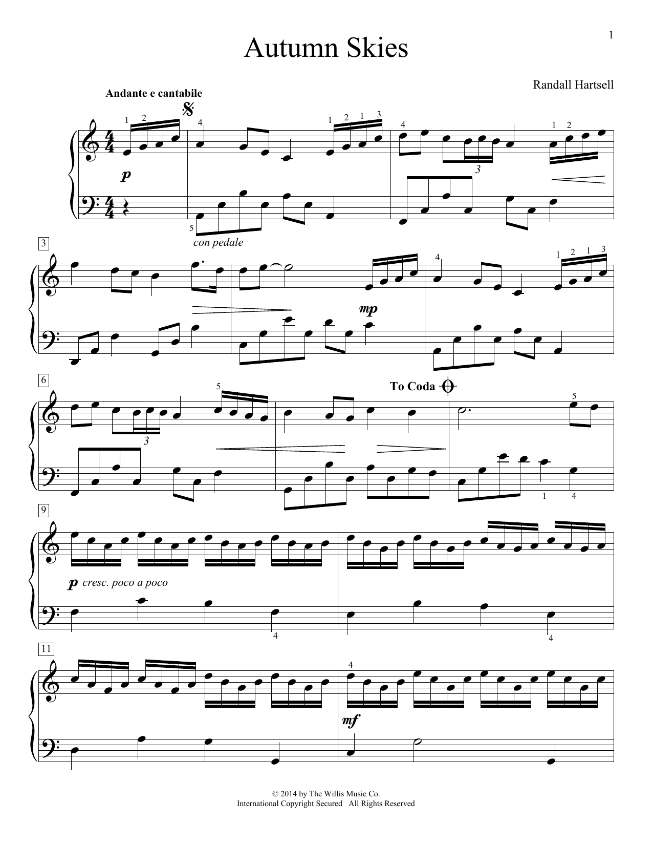 Download Randall Hartsell Autumn Skies Sheet Music and learn how to play Easy Piano PDF digital score in minutes