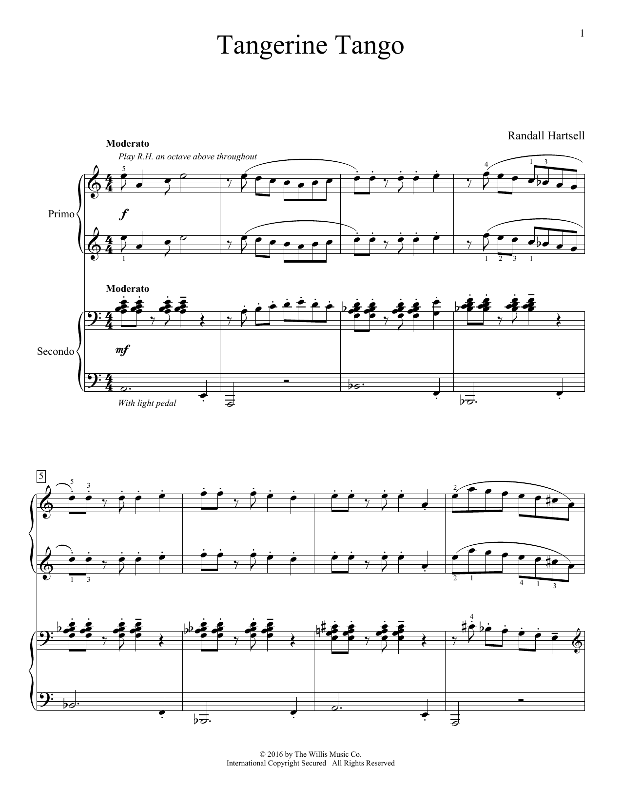 Download Randall Hartsell Tangerine Tango Sheet Music and learn how to play Piano Duet PDF digital score in minutes