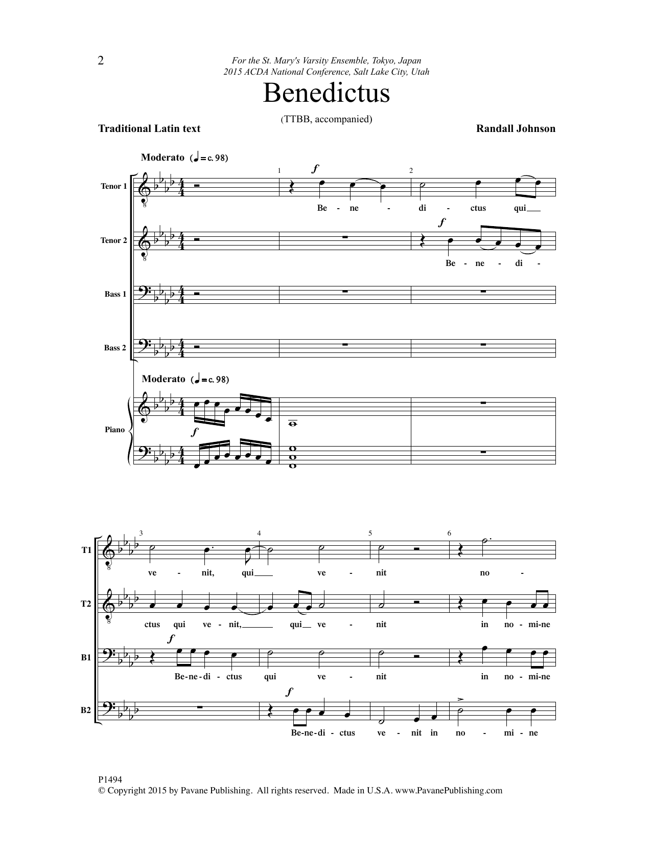 Download Randall Johnson Benedictus Sheet Music and learn how to play TTBB Choir PDF digital score in minutes
