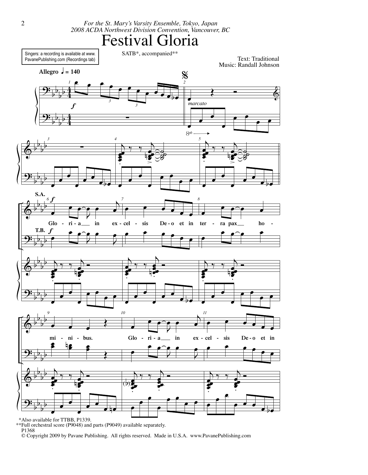 Download Randall Johnson Festival Gloria Sheet Music and learn how to play TTBB Choir PDF digital score in minutes