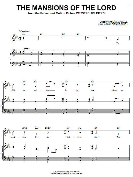 Download Randall Wallace The Mansions Of The Lord Sheet Music and learn how to play Piano, Vocal & Guitar (Right-Hand Melody) PDF digital score in minutes