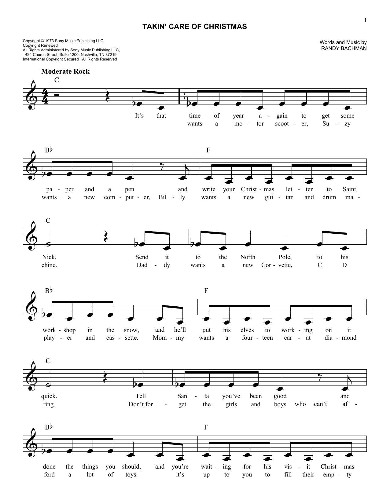 Download Randy Bachman Takin' Care Of Christmas Sheet Music and learn how to play Lead Sheet / Fake Book PDF digital score in minutes