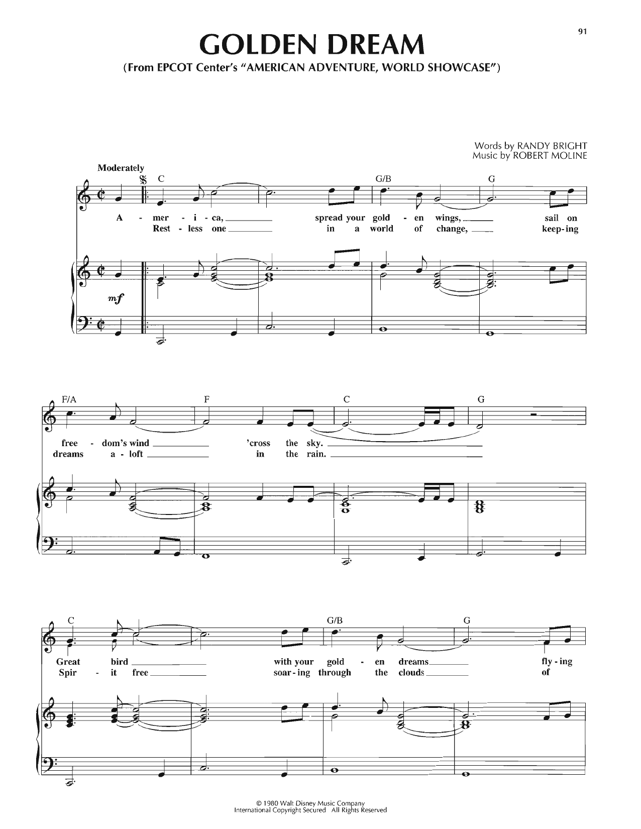 Download Randy Bright Golden Dream (from The American Adventure) Sheet Music and learn how to play Piano, Vocal & Guitar Chords (Right-Hand Melody) PDF digital score in minutes