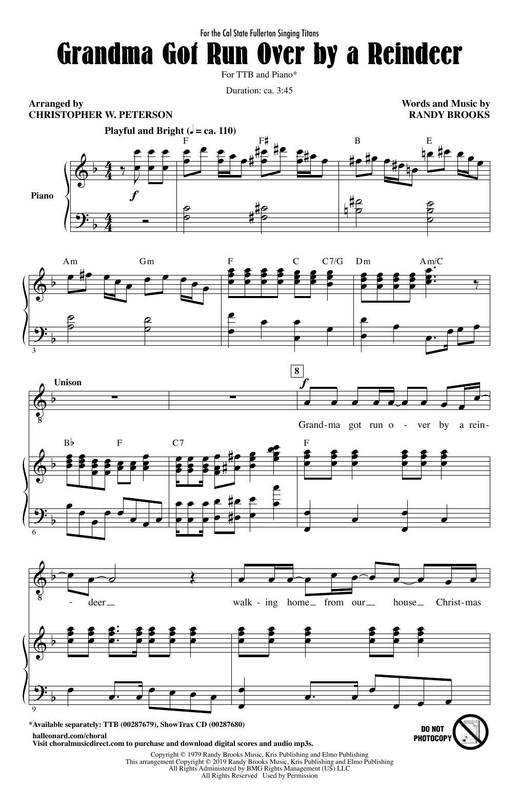 Download Randy Brooks Grandma Got Run Over By A Reindeer (arr. Christopher Peterson) Sheet Music and learn how to play TTBB Choir PDF digital score in minutes