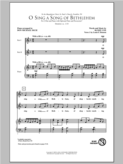Download Randy Cox O Sing A Song Of Bethlehem Sheet Music and learn how to play 2-Part Choir PDF digital score in minutes