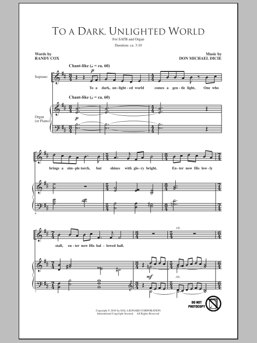 Download Randy Cox To A Dark Unlighted World Sheet Music and learn how to play SATB Choir PDF digital score in minutes