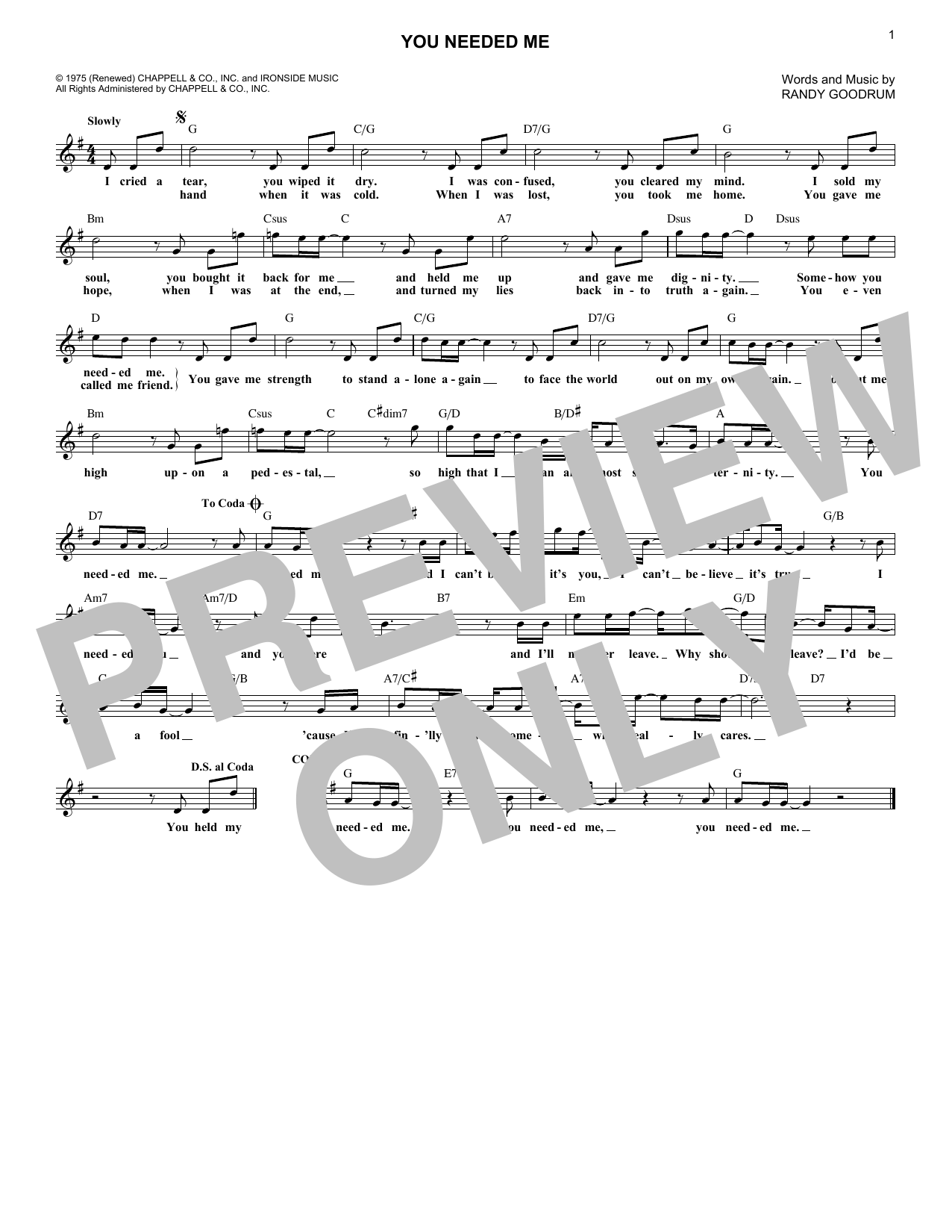 Download Randy Goodrum You Needed Me Sheet Music and learn how to play Lead Sheet / Fake Book PDF digital score in minutes