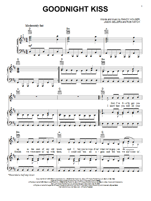 Download Randy Houser Goodnight Kiss Sheet Music and learn how to play Piano, Vocal & Guitar (Right-Hand Melody) PDF digital score in minutes