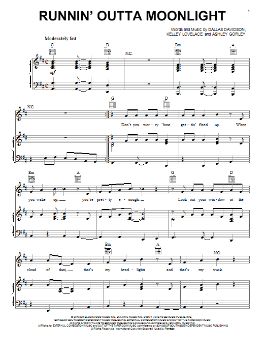 Download Randy Houser Runnin' Outta Moonlight Sheet Music and learn how to play Piano, Vocal & Guitar (Right-Hand Melody) PDF digital score in minutes