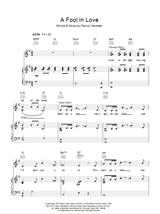 Download Randy Newman A Fool In Love Sheet Music and learn how to play Piano, Vocal & Guitar (Right-Hand Melody) PDF digital score in minutes