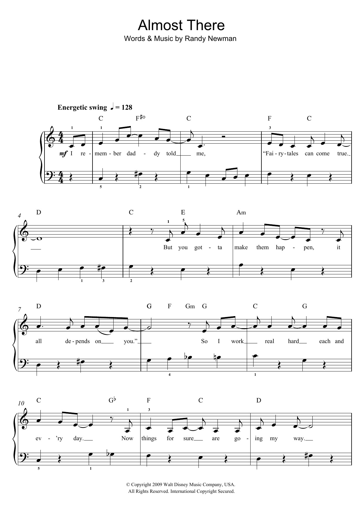Download Randy Newman Almost There (From 'The Princess And The Frog') Sheet Music and learn how to play Beginner Piano PDF digital score in minutes