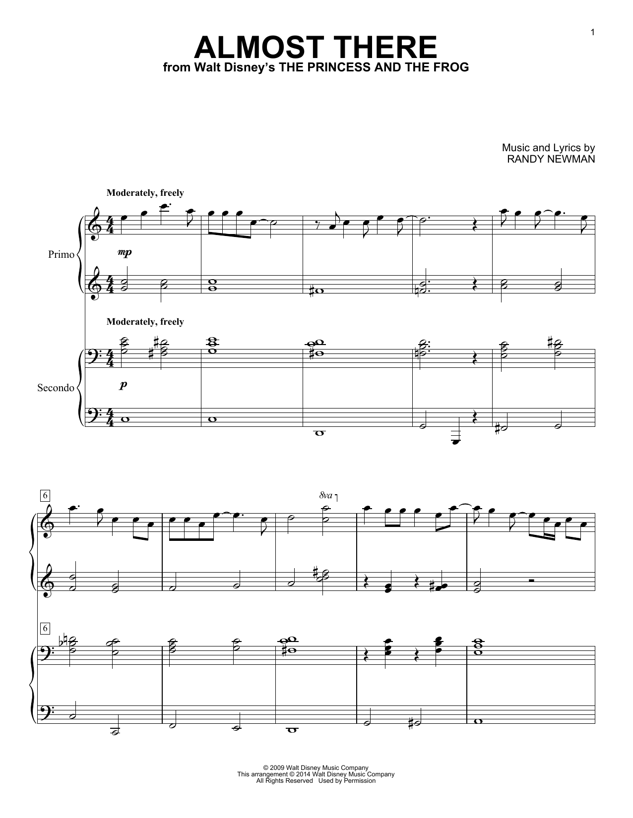Download Randy Newman Almost There (from Walt Disney's The Princess And The Frog) Sheet Music and learn how to play Piano Duet PDF digital score in minutes