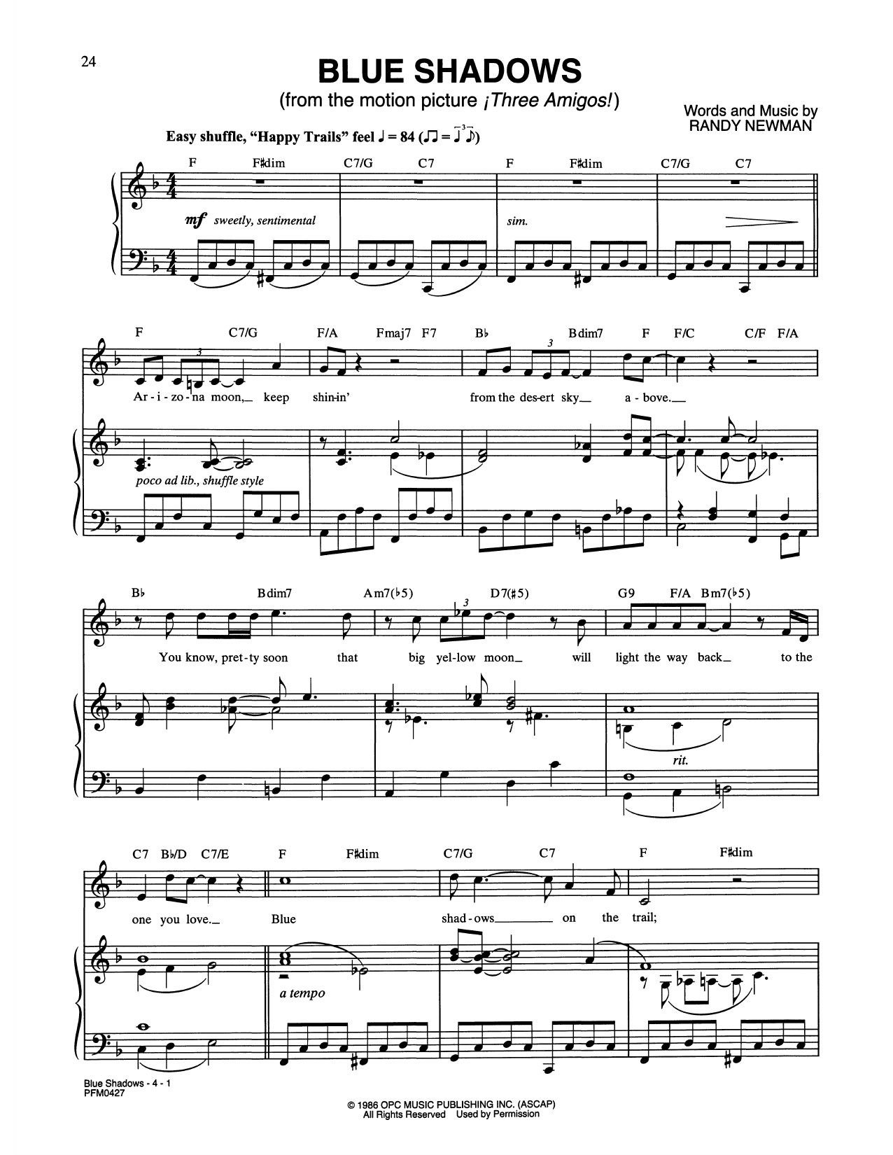 Download Randy Newman Blue Shadows On The Trail (from Three Amigos!) Sheet Music and learn how to play Piano & Vocal PDF digital score in minutes