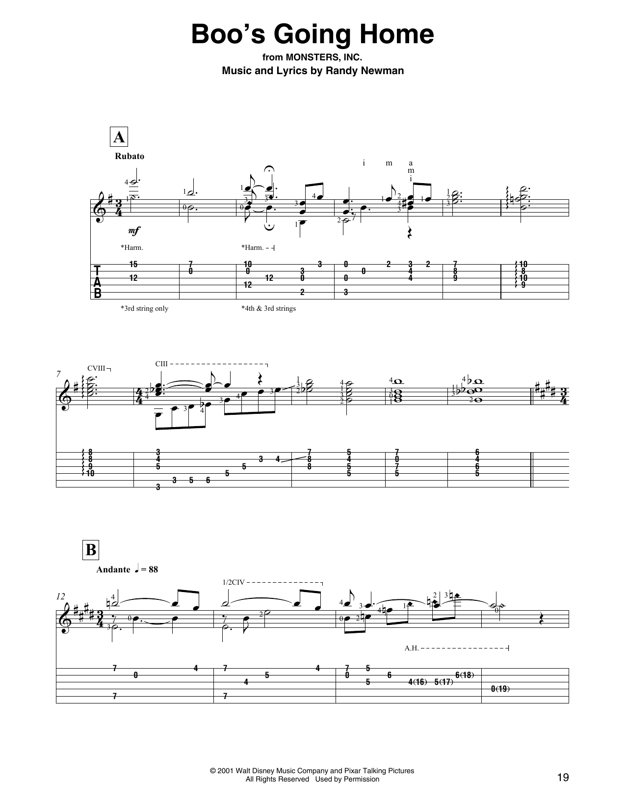 Download Randy Newman Boo's Going Home (from Monsters, Inc.) Sheet Music and learn how to play Solo Guitar PDF digital score in minutes