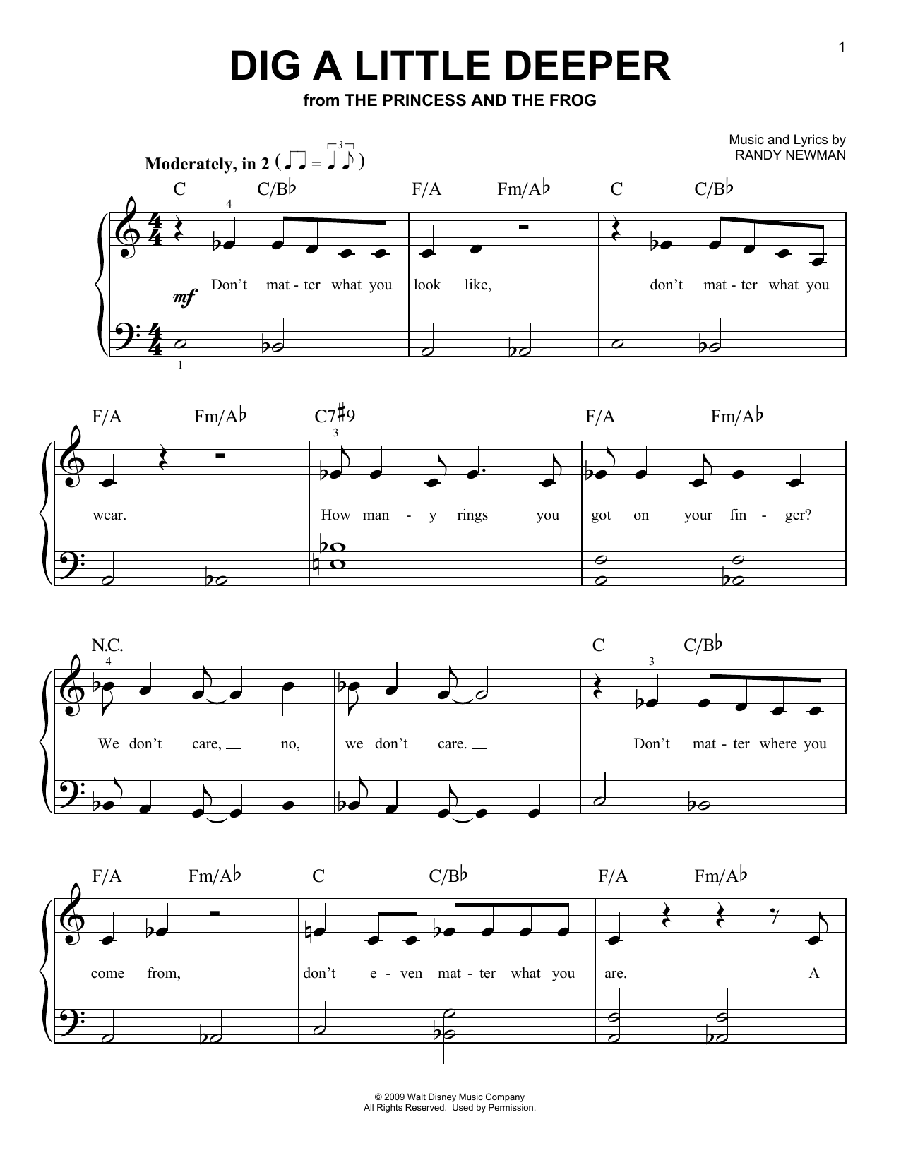 Download Randy Newman Dig A Little Deeper (from The Princess And The Frog) Sheet Music and learn how to play Very Easy Piano PDF digital score in minutes