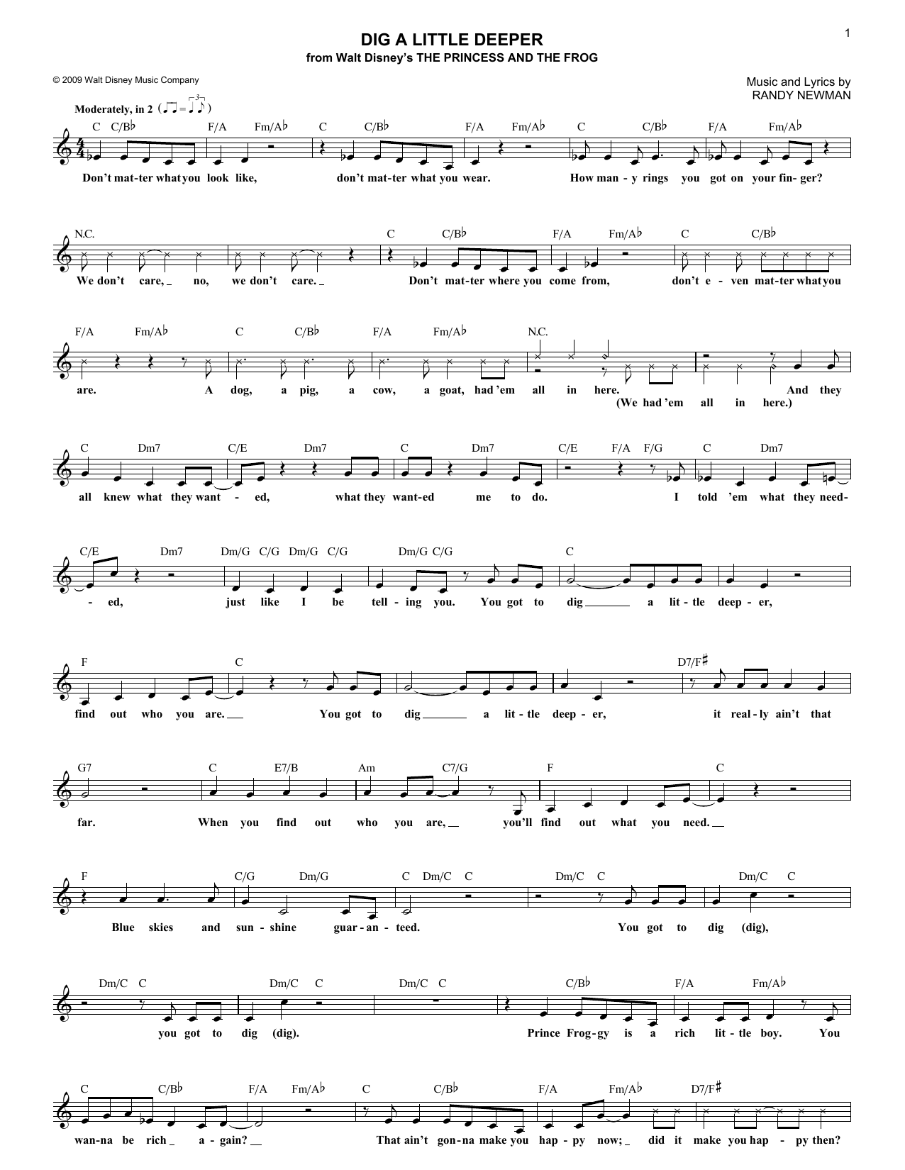 Download Randy Newman Dig A Little Deeper Sheet Music and learn how to play Melody Line, Lyrics & Chords PDF digital score in minutes