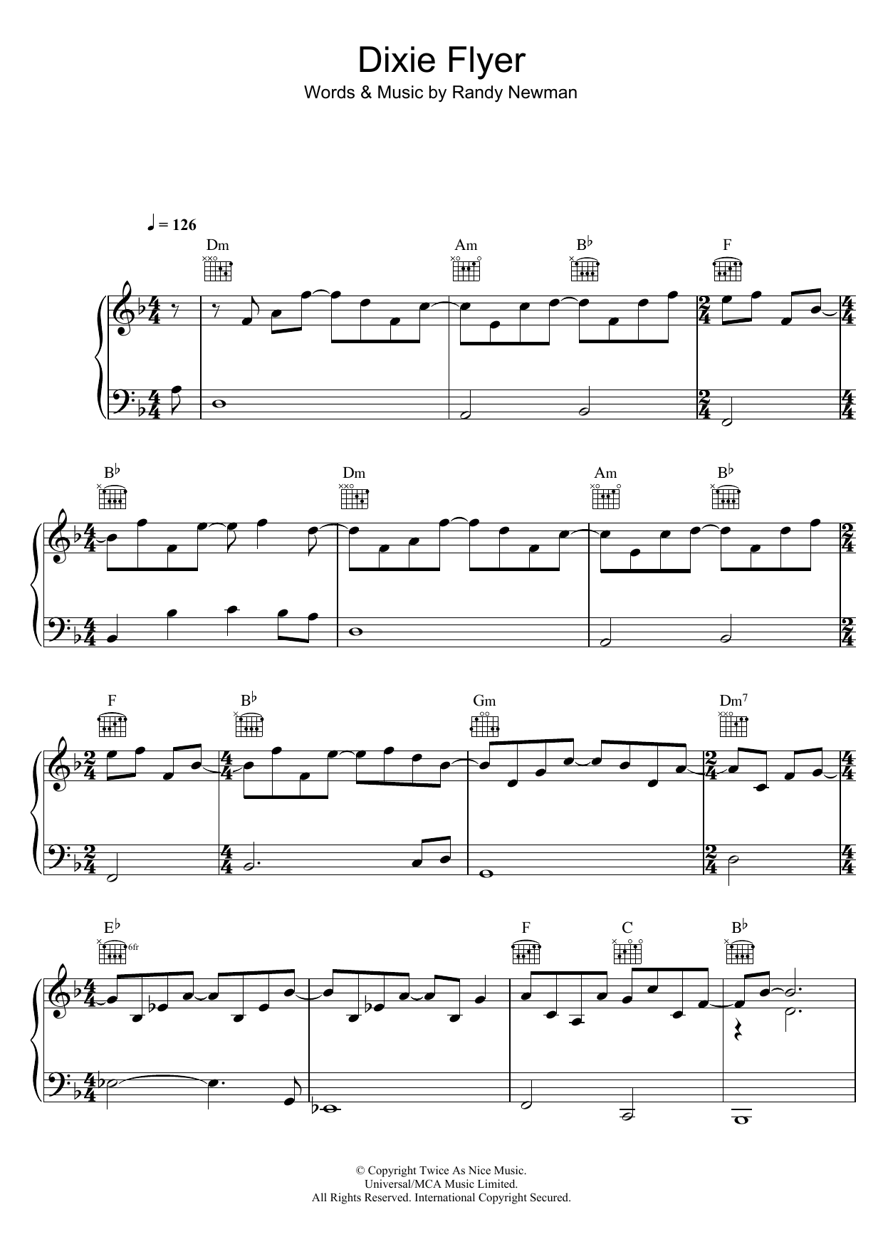 Download Randy Newman Dixie Flyer Sheet Music and learn how to play Piano, Vocal & Guitar PDF digital score in minutes