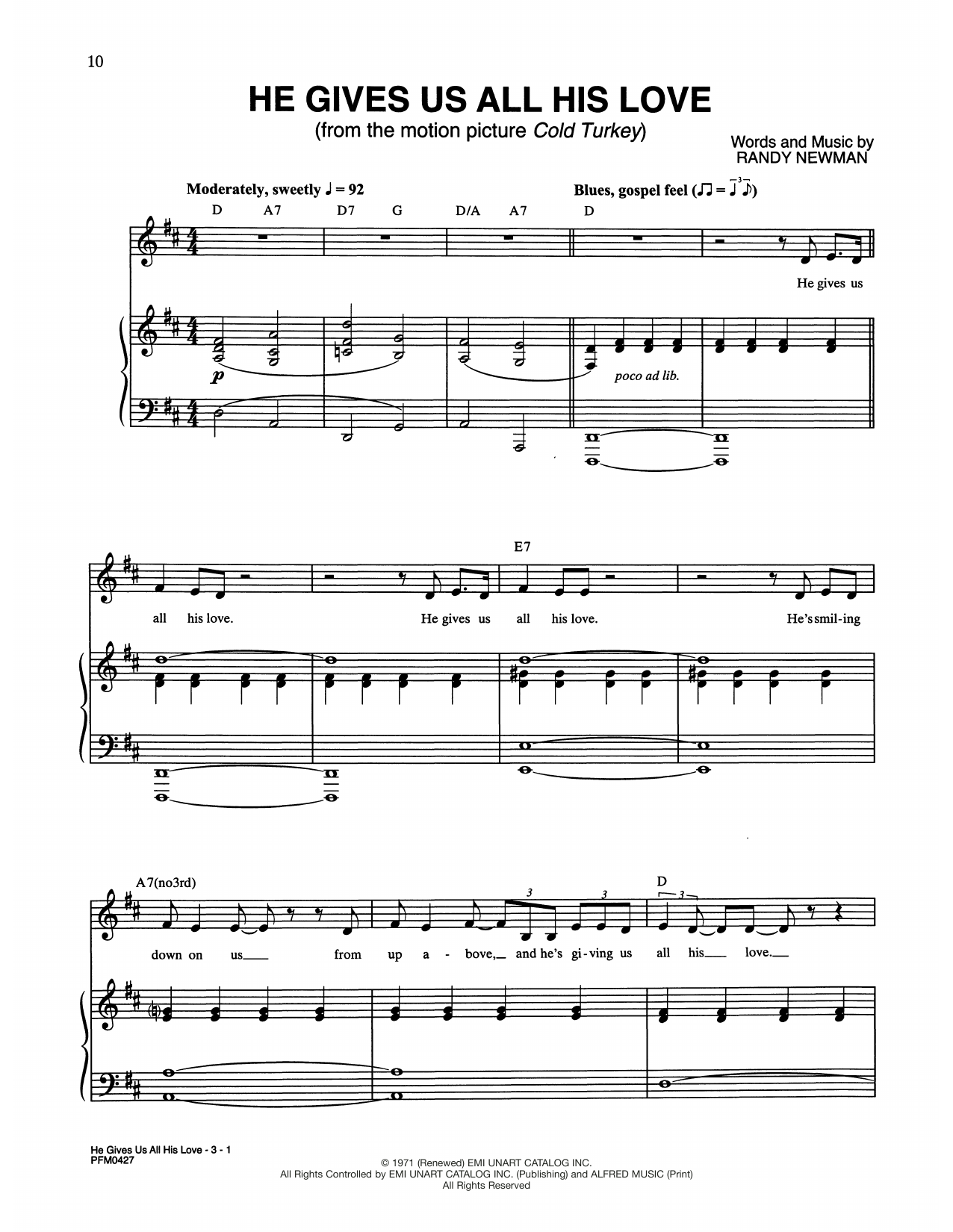 Download Randy Newman He Gives Us All His Love (from Cold Turkey) Sheet Music and learn how to play Piano & Vocal PDF digital score in minutes