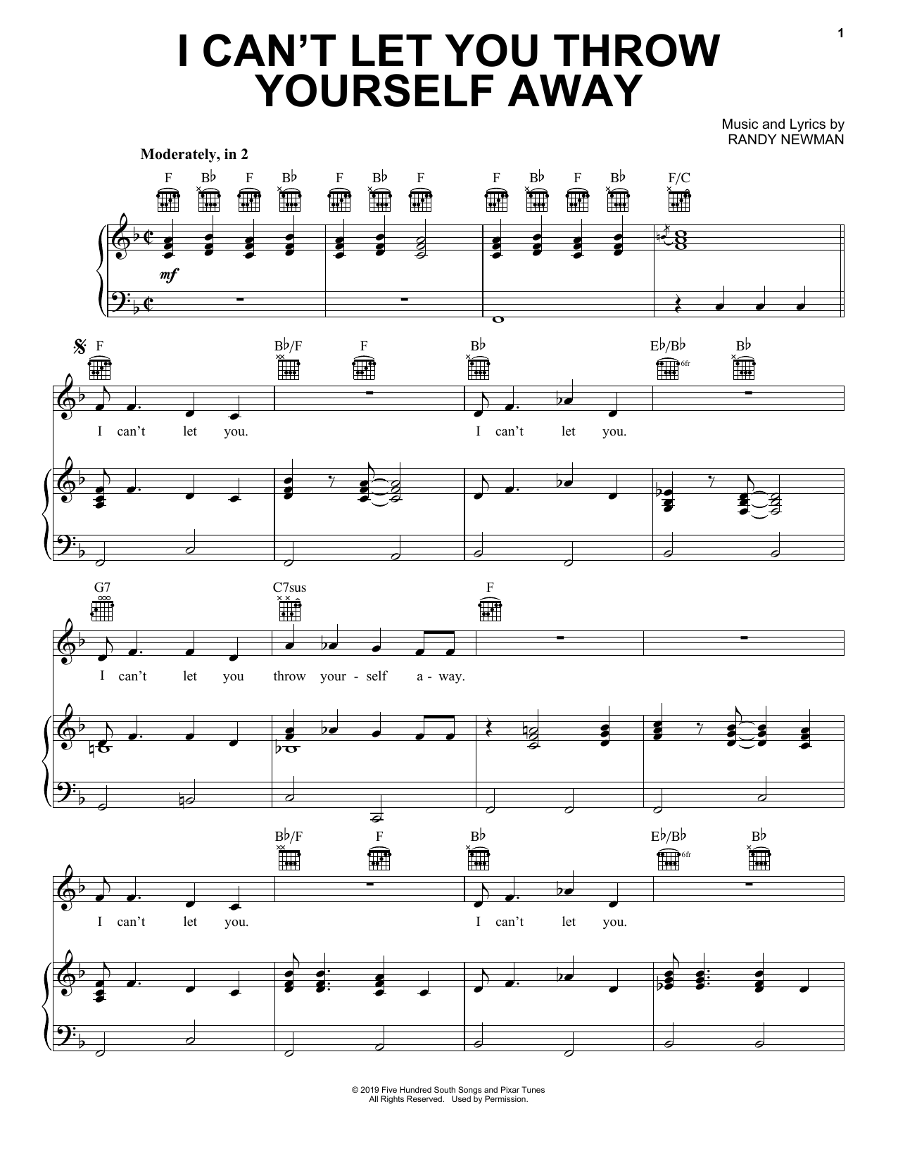 Download Randy Newman I Can't Let You Throw Yourself Away (from Toy Story 4) Sheet Music and learn how to play Piano, Vocal & Guitar Chords (Right-Hand Melody) PDF digital score in minutes