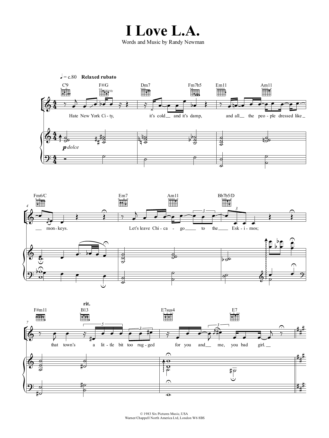 Download Randy Newman I Love L.A. Sheet Music and learn how to play Piano, Vocal & Guitar (Right-Hand Melody) PDF digital score in minutes