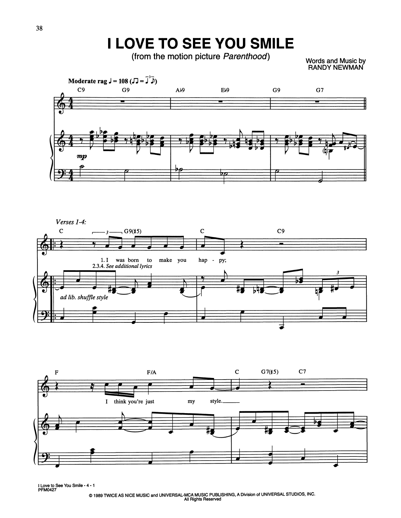 Download Randy Newman I Love To See You Smile (from Parenthood) Sheet Music and learn how to play Piano & Vocal PDF digital score in minutes