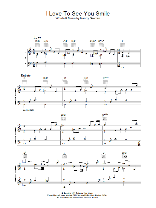 Download Randy Newman I Love To See You Smile Sheet Music and learn how to play Piano, Vocal & Guitar PDF digital score in minutes