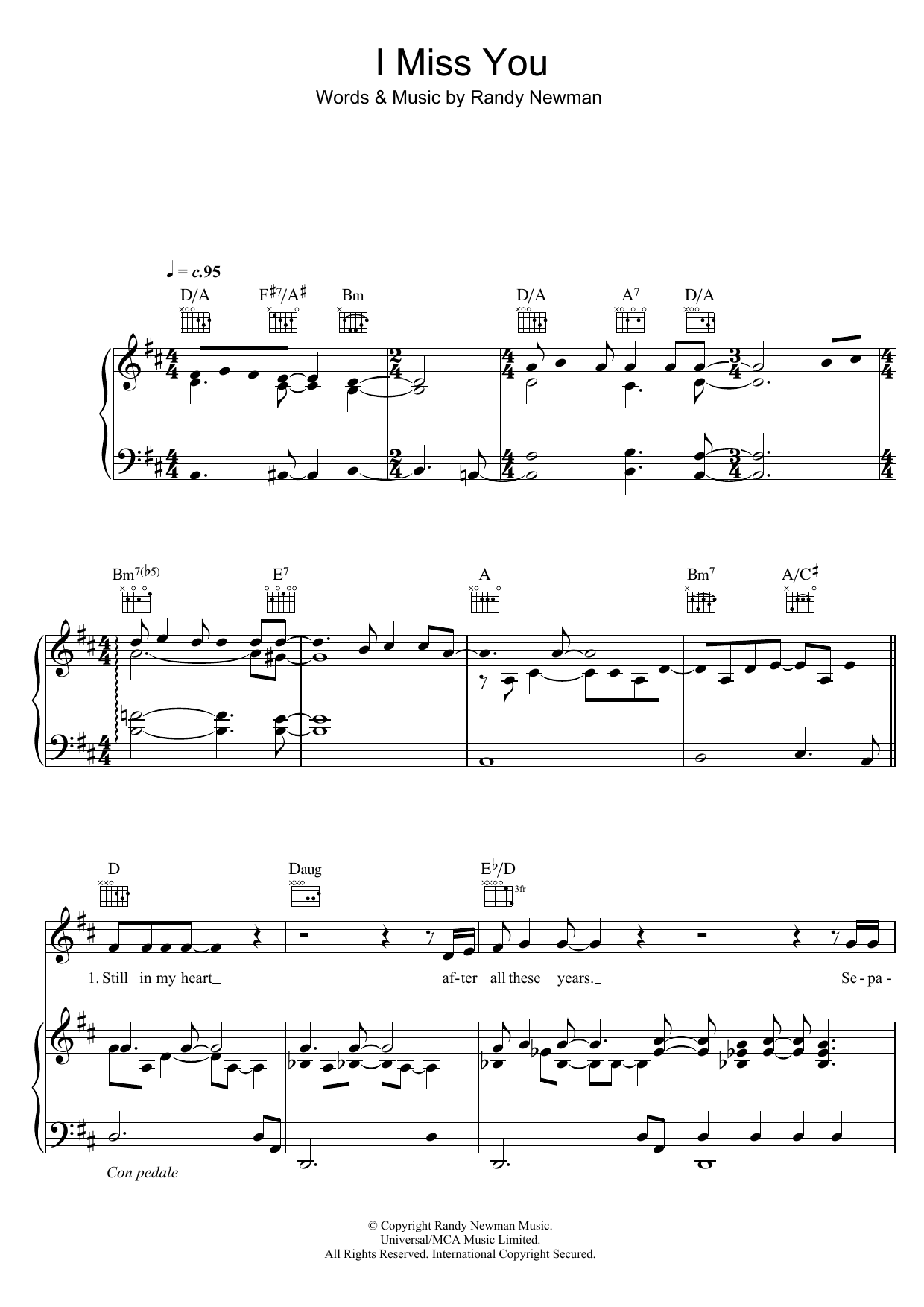 Download Randy Newman I Miss You Sheet Music and learn how to play Piano, Vocal & Guitar PDF digital score in minutes