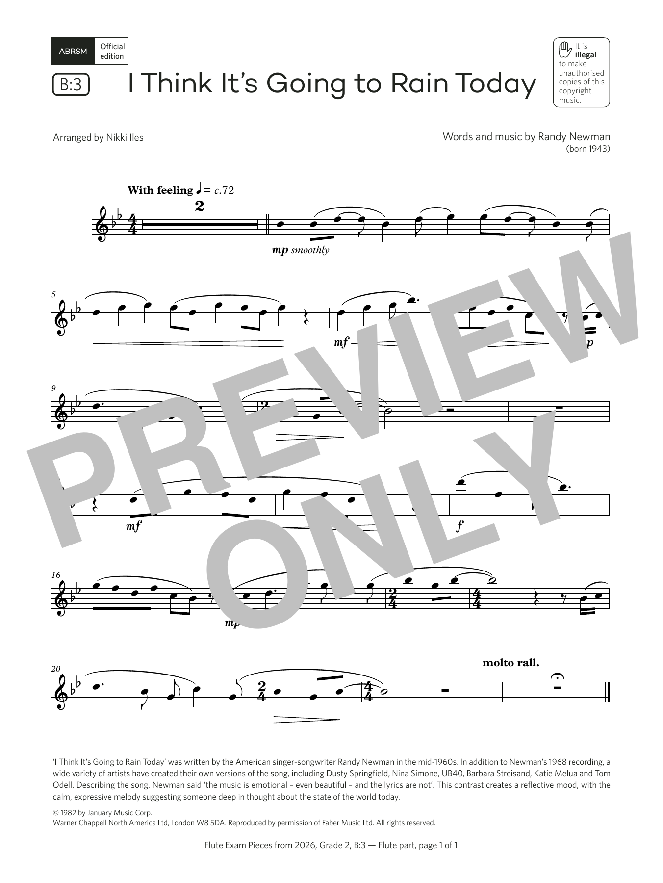 Download Randy Newman I Think It's Going to Rain Today (Grade 2, list B3, from the ABRSM Flute Syllabu Sheet Music and learn how to play Flute Solo PDF digital score in minutes