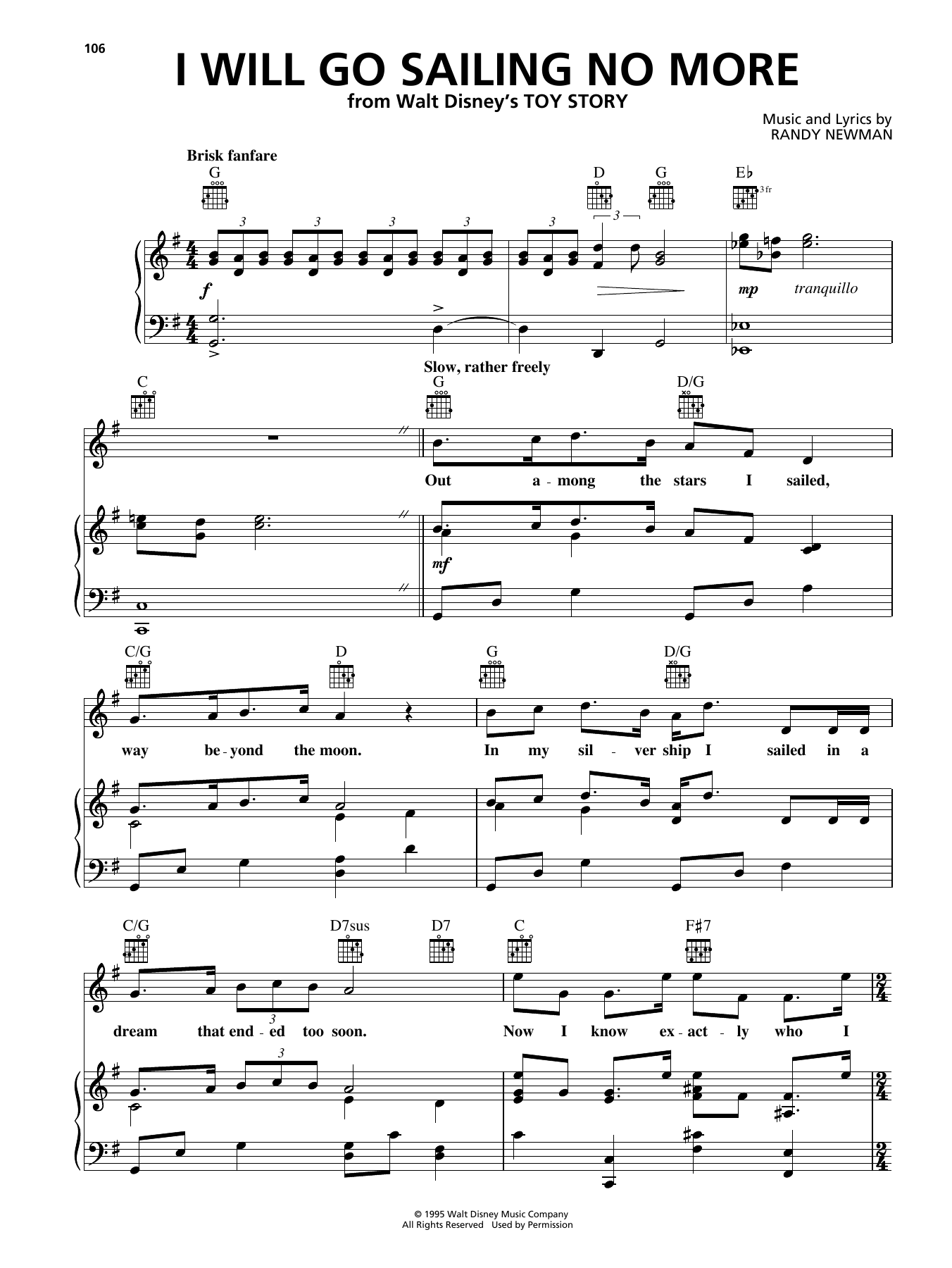 Download Randy Newman I Will Go Sailing No More (from Disney's Toy Story) Sheet Music and learn how to play Piano, Vocal & Guitar Chords (Right-Hand Melody) PDF digital score in minutes