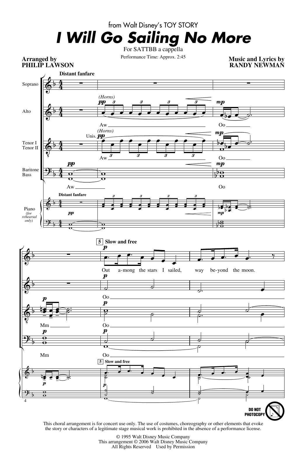 Download Randy Newman I Will Go Sailing No More (from Toy Story) (arr. Philip Lawson) Sheet Music and learn how to play SATB Choir PDF digital score in minutes