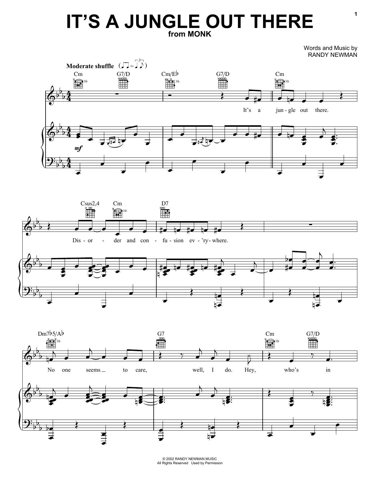 Download Randy Newman It's A Jungle Out There (from Monk) Sheet Music and learn how to play Very Easy Piano PDF digital score in minutes