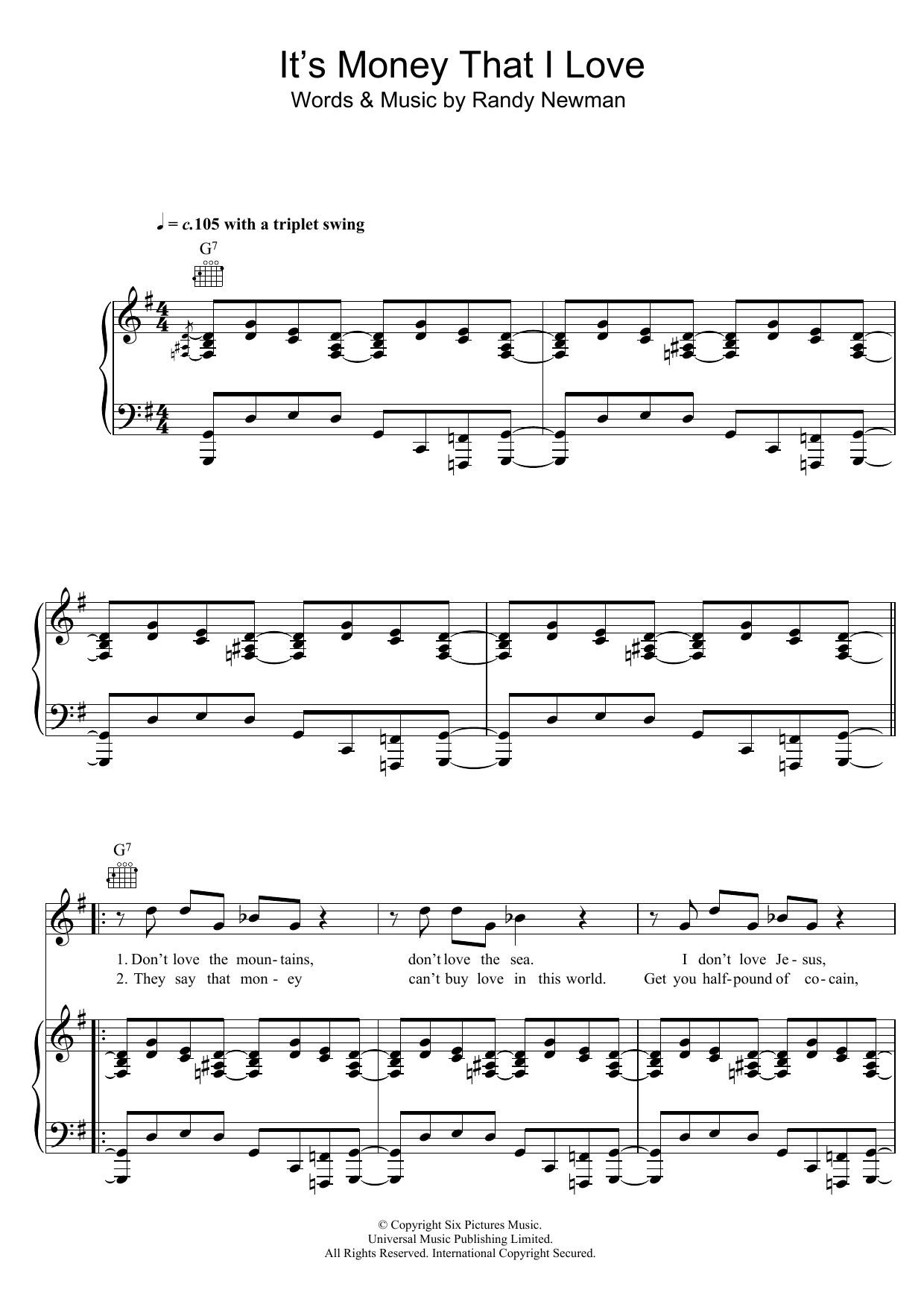 Download Randy Newman It's Money That I Love Sheet Music and learn how to play Piano, Vocal & Guitar PDF digital score in minutes