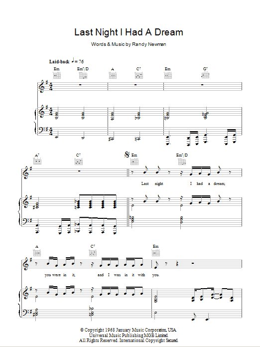 Download Randy Newman Last Night I Had A Dream Sheet Music and learn how to play Piano, Vocal & Guitar (Right-Hand Melody) PDF digital score in minutes